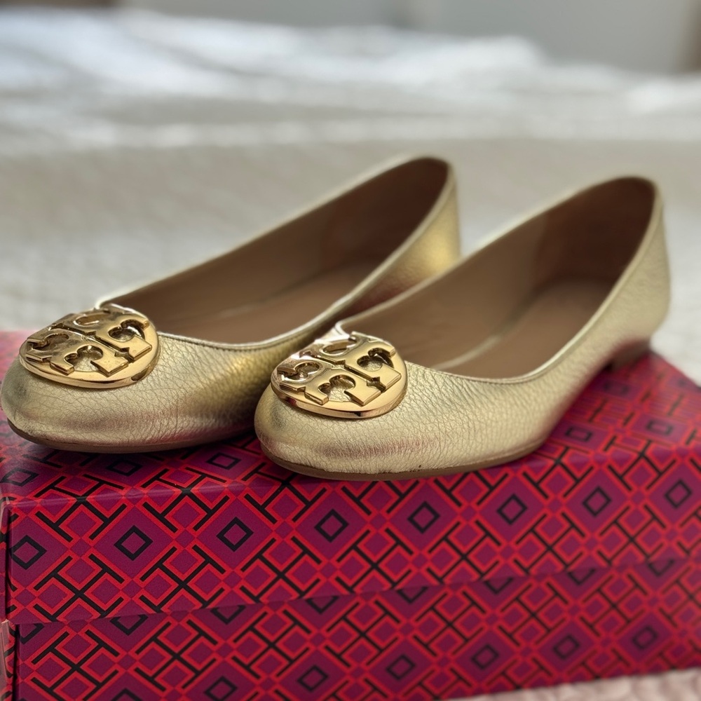 Tory Burch Claire Ballet flat metallic tumble leather spark gold 700 size US 5.5